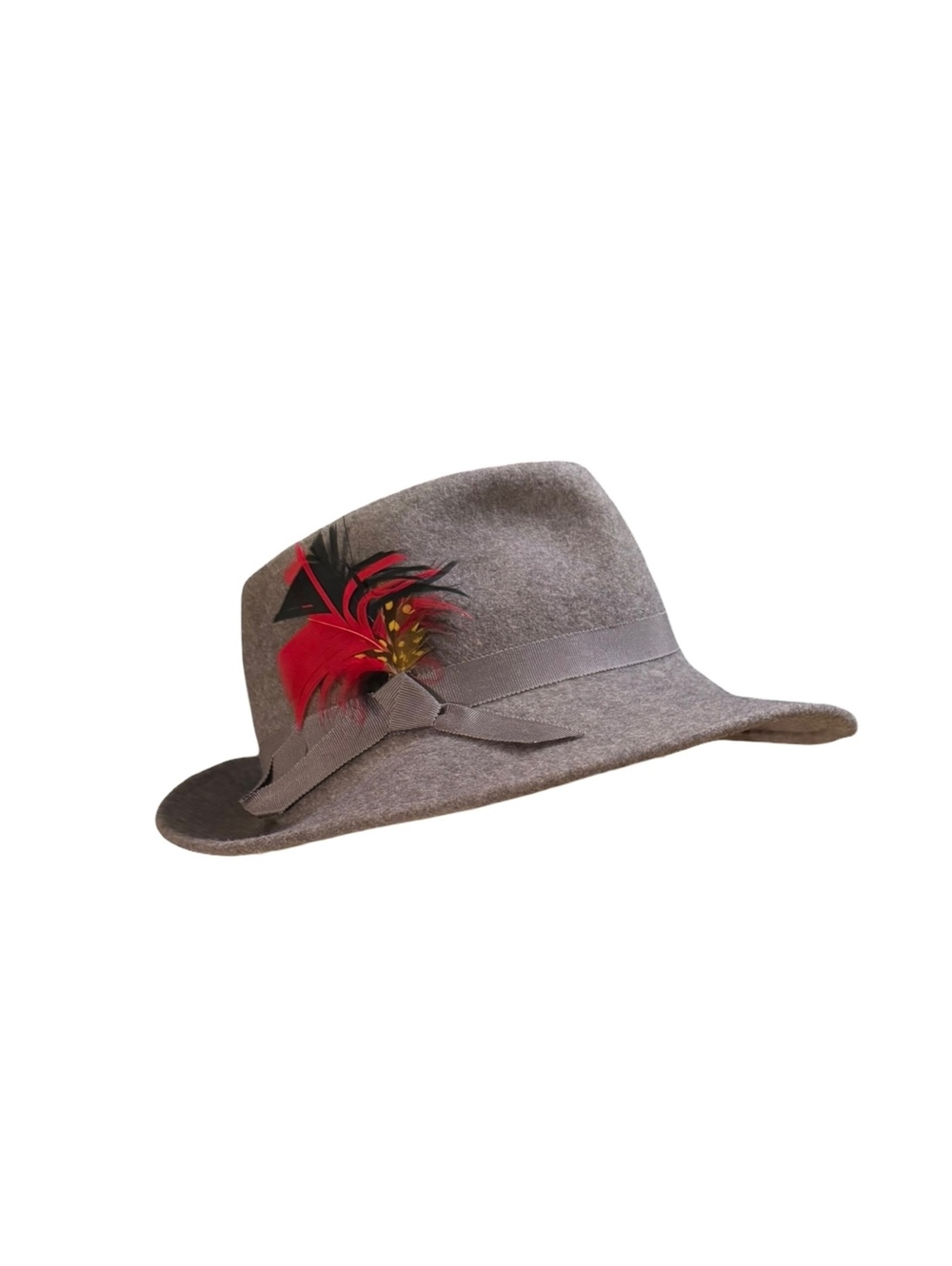 Vintage Glenover Gray Wool Felt Fedora Hat with Red Feather
